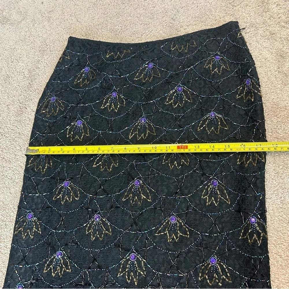 Press & Bastyan black purple beaded lace midi pencil skirt Sz 10